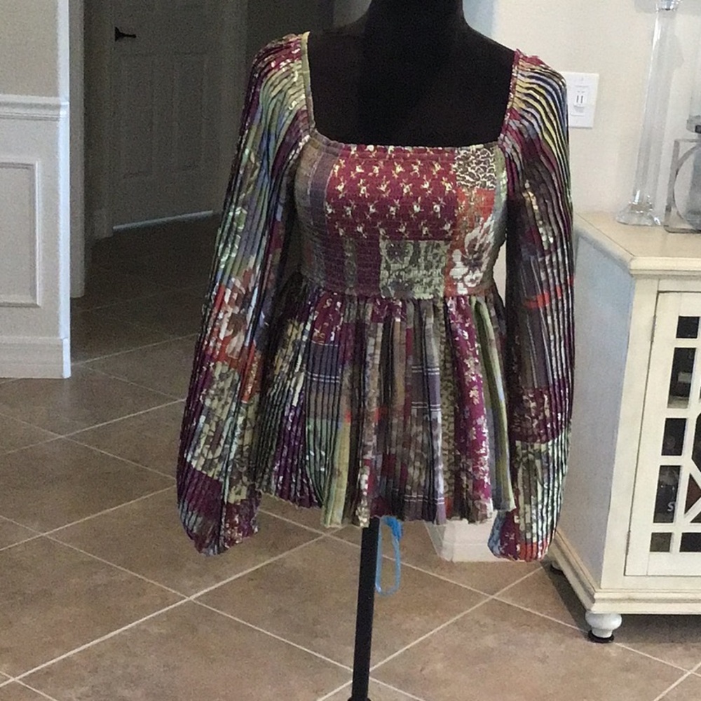 Let me be Tara top, anthro, smocked and pleated , on or off shoulder, size 6